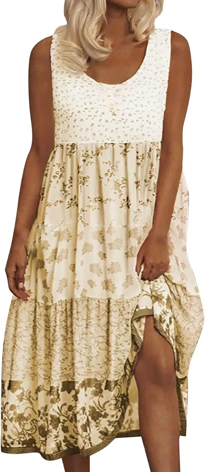 ZYXTIM Bohemian Dress for Women Floral U Neck Sleeveless Smocked Sundresses Plus Size A Line Flowy Beach Long Dresses