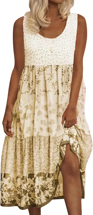 ZYXTIM Bohemian Dress for Women Floral U Neck Sleeveless Smocked Sundresses Plus Size A Line Flowy Beach Long Dresses