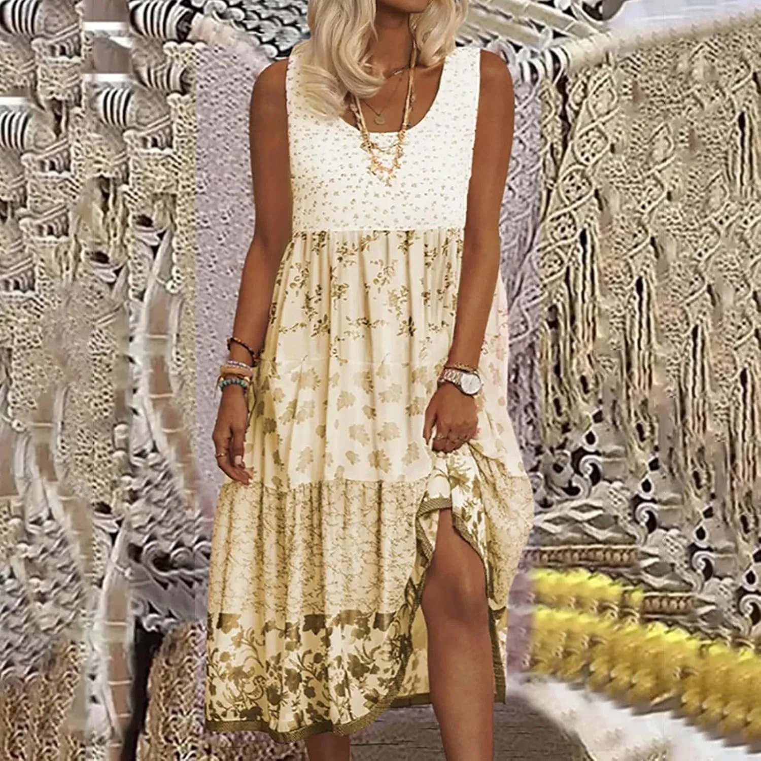 ZYXTIM Bohemian Dress for Women Floral U Neck Sleeveless Smocked Sundresses Plus Size A Line Flowy Beach Long Dresses