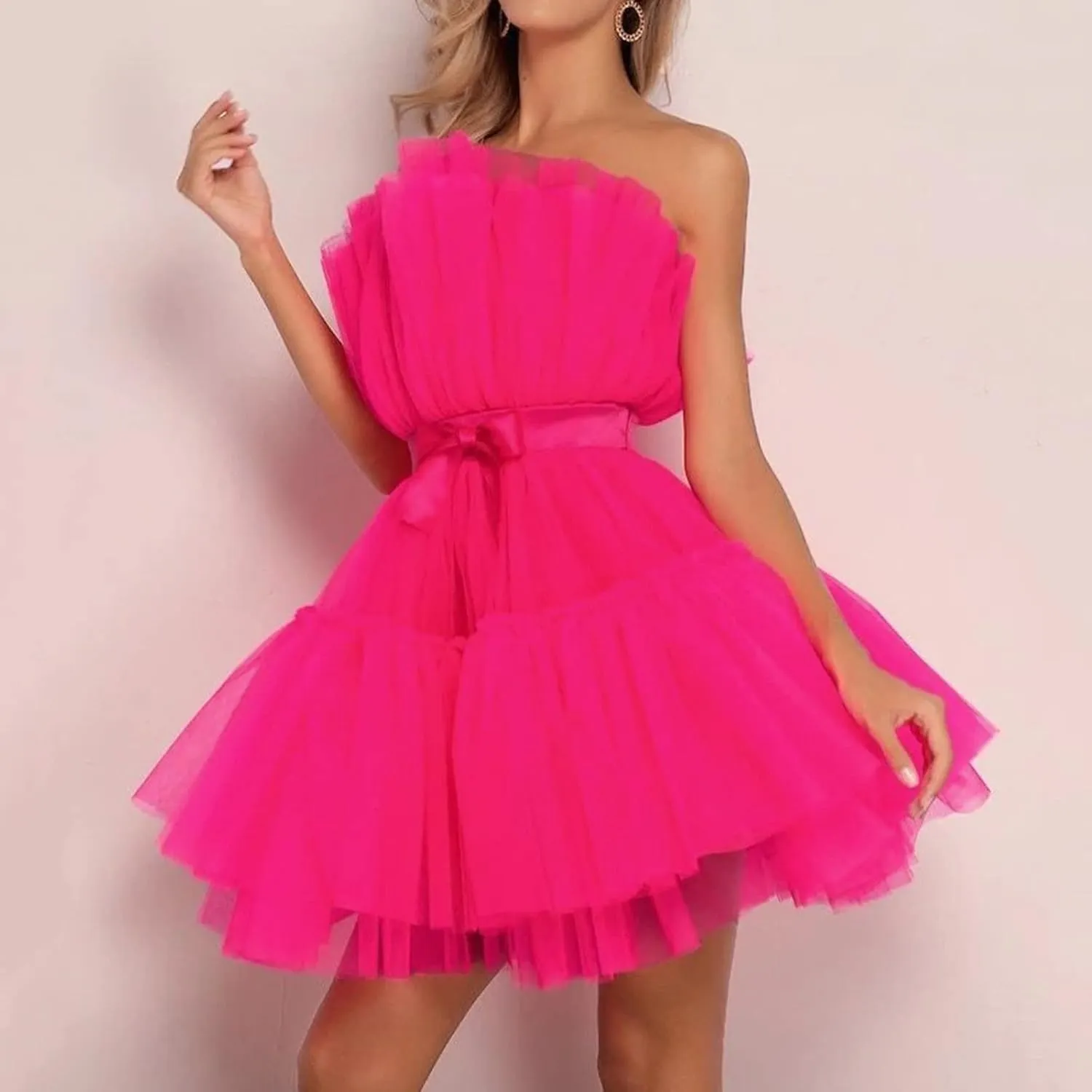 ZYXTIM Tube Tulle Mini Dress Women Sexy Off Shoulder Ruffle Tutu Dress Cocktail Party Birthday Fairy Dresses Evening Gown