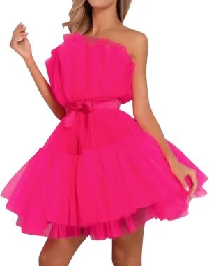 ZYXTIM Tube Tulle Mini Dress Women Sexy Off Shoulder Ruffle Tutu Dress Cocktail Party Birthday Fairy Dresses Evening Gown