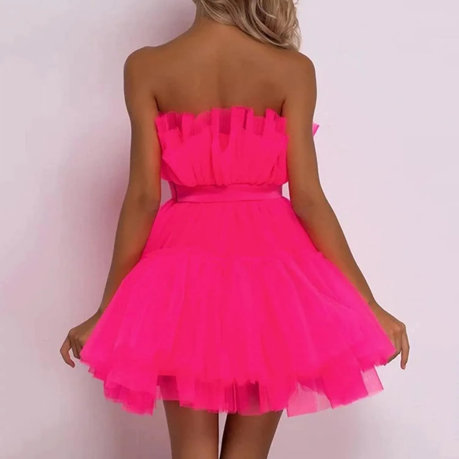 ZYXTIM Tube Tulle Mini Dress Women Sexy Off Shoulder Ruffle Tutu Dress Cocktail Party Birthday Fairy Dresses Evening Gown