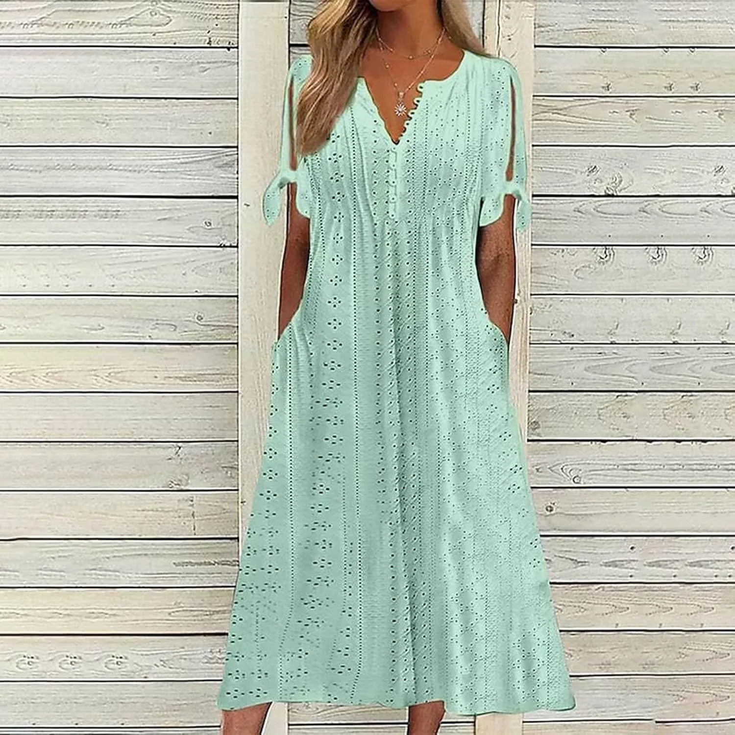 ZYXTIM Womens Eyelet Dress V Neck Short Sleeve Hollow Out Summer Beach Vacation Dresses Swing A Line Vintage Long Dresses
