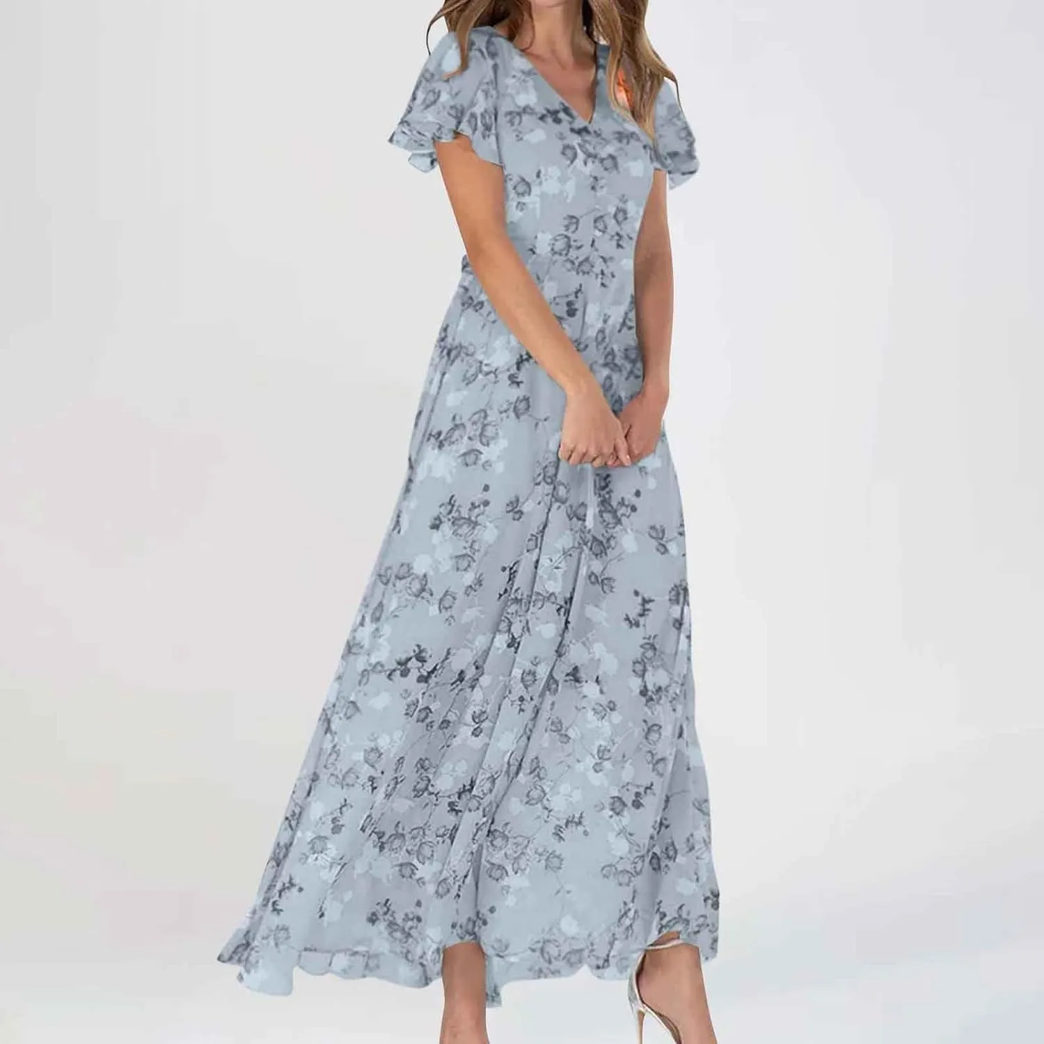 ZYXTIM Women's Summer Floral Boho Dresses Wrap V Neck Short Sleeve Ruffle A-Line Maxi Flowy Dress Pleated Hem Bohemian Outfit