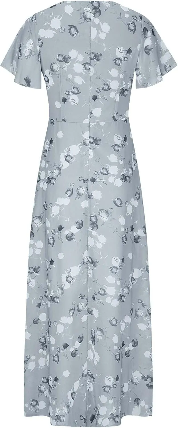 ZYXTIM Women's Summer Floral Boho Dresses Wrap V Neck Short Sleeve Ruffle A-Line Maxi Flowy Dress Pleated Hem Bohemian Outfit