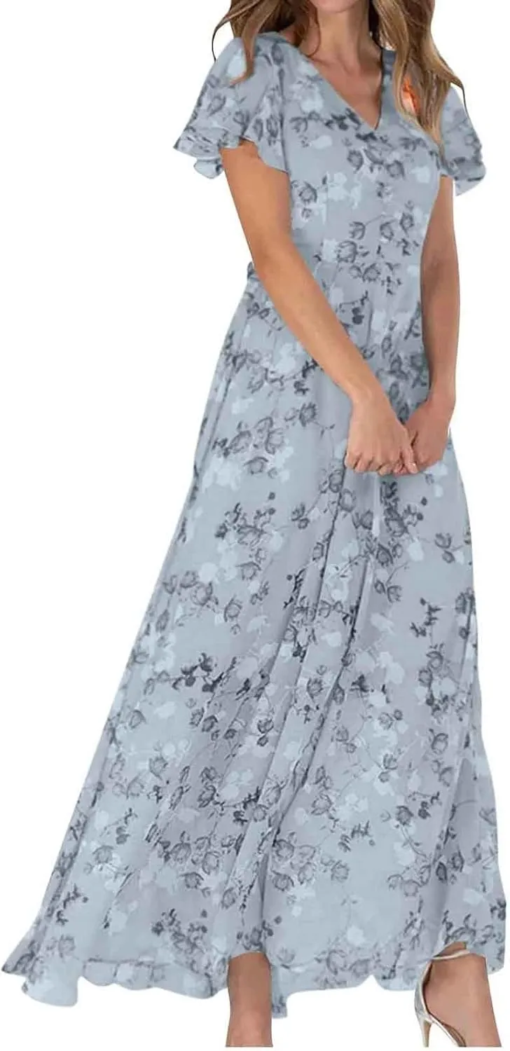 ZYXTIM Women's Summer Floral Boho Dresses Wrap V Neck Short Sleeve Ruffle A-Line Maxi Flowy Dress Pleated Hem Bohemian Outfit
