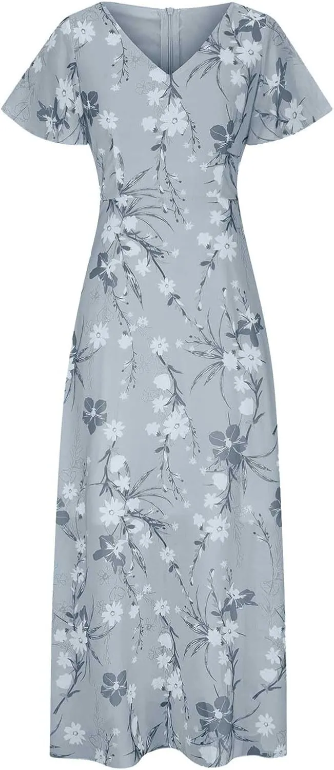 ZYXTIM Women's Summer Floral Boho Dresses Wrap V Neck Short Sleeve Ruffle A-Line Maxi Flowy Dress Pleated Hem Bohemian Outfit