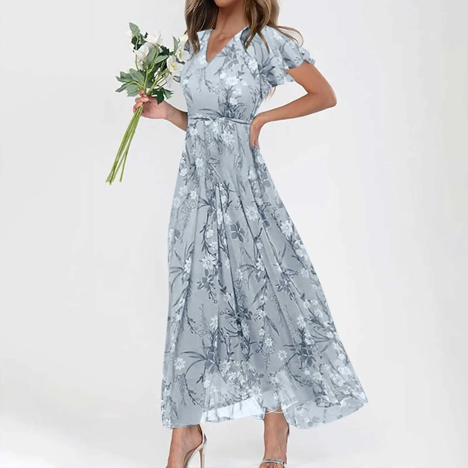 ZYXTIM Women's Summer Floral Boho Dresses Wrap V Neck Short Sleeve Ruffle A-Line Maxi Flowy Dress Pleated Hem Bohemian Outfit