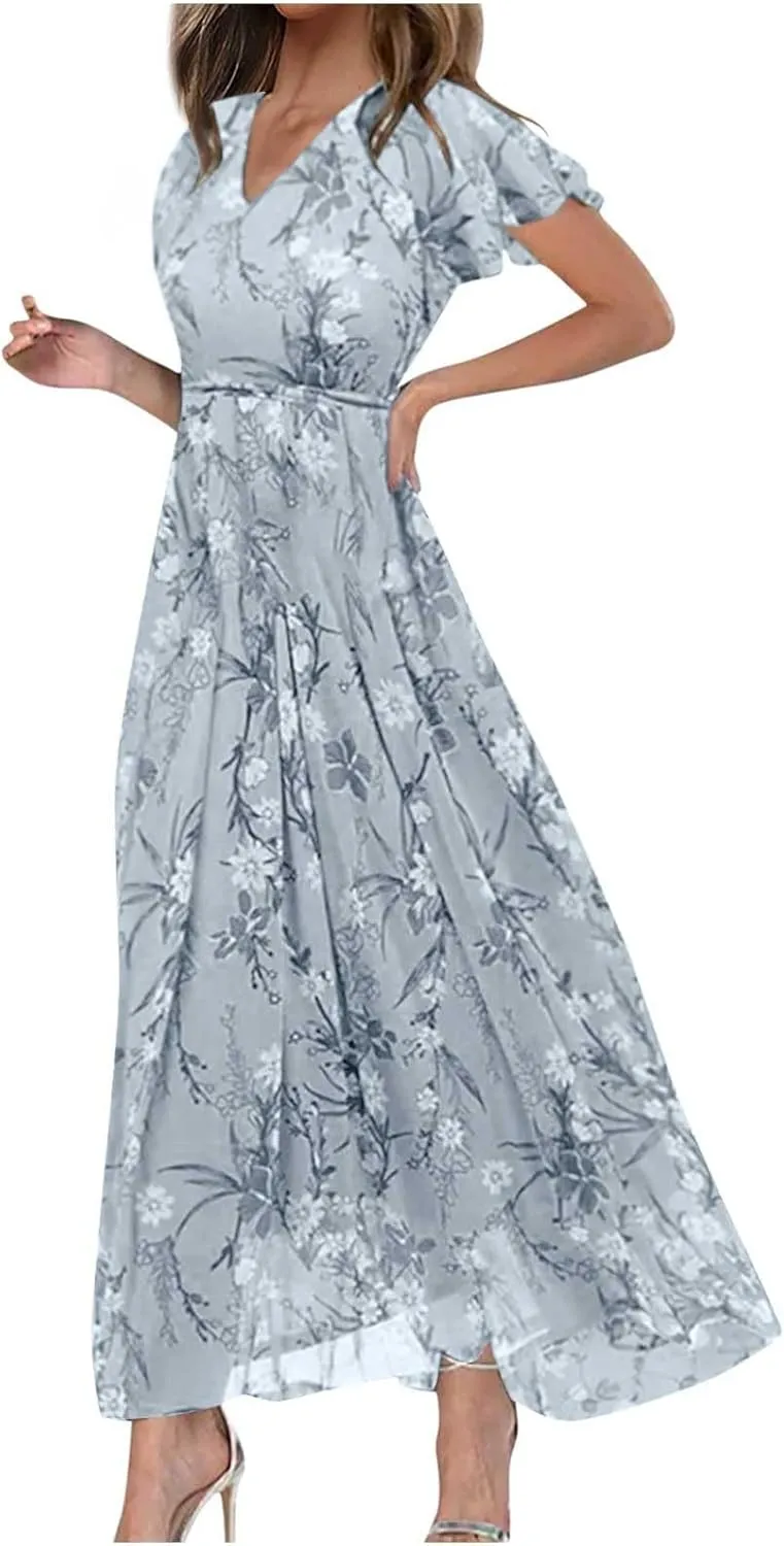 ZYXTIM Women's Summer Floral Boho Dresses Wrap V Neck Short Sleeve Ruffle A-Line Maxi Flowy Dress Pleated Hem Bohemian Outfit